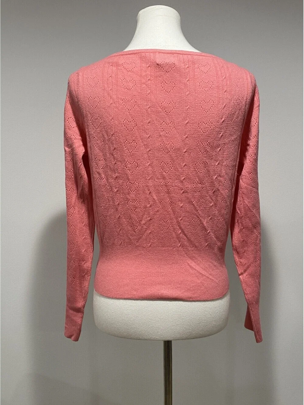 Women Valentine Long Sleeve Pointelle Heart Cardigan - A New Day Pink Sz Small